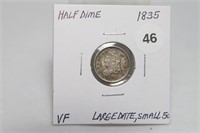 1835 Large Date Small 5C Half Dime VF