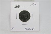 1865 Fancy 5 Indian Head Cent F