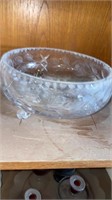 9 inch round crystal three footed bowl