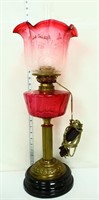 Vintage cranberry font lamp w/ etched shade
