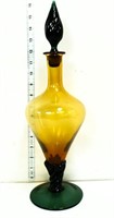 16in art glass amber/green bottle w/ stopper