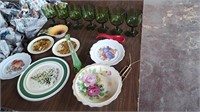 Decorative plates,  green glass goblets