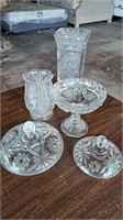 Pressed glass vases, candy, miscellaneous lids