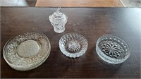Pressed glass plates, bowls, covered candy dish