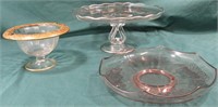 3-VINTAGE ETCHED GLASS CAKE STAND/SERVING PLATES