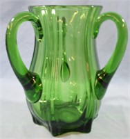 VINTAGE 3 HANDLE GREEN GLASS VASE
