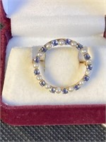 14K Gold Blue Sapphire, Pearls Circle Pin
