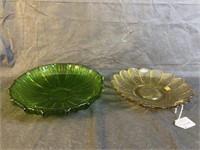 2 Blenko Glass Console Bowls, Amber, Emerald