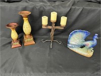 Metal & Wood Candleholders & Ceramic Peacock