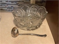 Large Cut Glass Punch Bowl w/ Silver Ladle