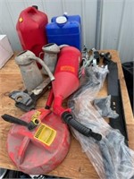(2) Gas Cans, Water Jug, 2 Come Along, 2 Oil Cans,