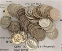 Coins - (43) Asst 1946-64 Roosevelt Silver Dimes