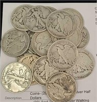 Coins- (20) Asst 1917-46S Silver Half Dollars