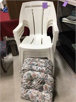 3 Plastic Lawn Chairs, 4 Floral Cushions