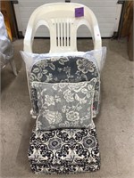Two Plastic Lawn Chairs, 2 Cushion Sets