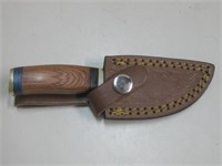 6" Long Damascus Knife In Leather Sheath