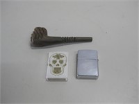 Two Vtg Zippo Lighters & Wood Pipe Untested