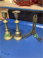Brass vintage candlesticks and photo easel