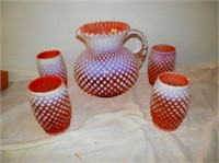 Group of 5 Cranberry Hobail -Pitcher & Glasses