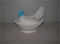 One- White Milk Glass w/Blue Face-Hen on Nest