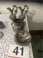 Pewter pitchers, silver compote and pitcher