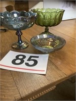 Carnival glass compote and bowl and green