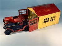 1930s Tin Toy Garage w/ 2 Cars