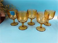 Set of 5 Amber Glass Etched Goblets