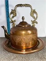 Beautiful Copper Tea Pot with Matching Plate