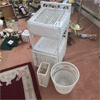 wicker stand, shelf, and waste basket