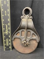 Antique Wooden & Iron Pulley - Marked