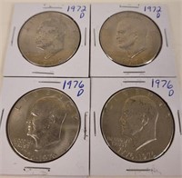 2 - 1972 D & 2 - 1976 D Eisenhower Dollar Coins