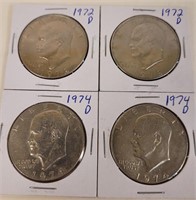 2 - 1972 D & 2 - 1974 D Eisenhower Dollar Coins