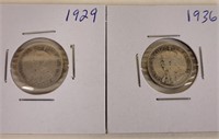1929 & 1936 Canadian Silver Ten Cent Pieces