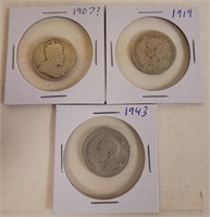 1907, 1919, & 1943 Canadian Silver Quarters