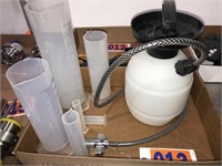 Plastic beakers and half gallon pump sprayer w/