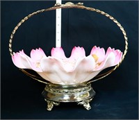 Vntg pink/gold brides bowl in silverplate basket
