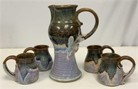 Pottery Baluster Pitcher and Four Mugs