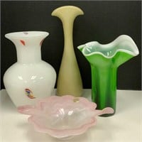 Three Art Glass Vases and Murano Glass Bowl