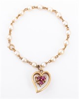 14K Yellow Gold Pearl Bracelet with Heart Charm