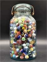 Vintage Marbles and Shooters in Jar 9.5” Tall Jar