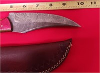 DAMASCUS BLADE HUNTING KNIFE W/ LEATHER SHEATH