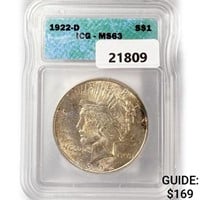1922-D Silver Peace Dollar ICG MS63