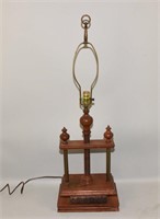 WOODEN BASE LAMP WITH SIGNED METAL PLATE