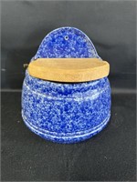 Vtg pottery salt cellar wall mount, wood lid