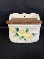 Vtg ceramic salt box, wall mount, wood lid