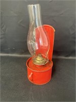 Red metal wall mount oil lamp, 8 1/2in tall (not