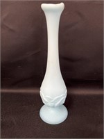 Fenton blue satin water lily bud vase, 9in tall