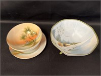 Nippon & Noritake hand painted footed bowl, saucer