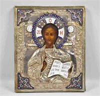 20TH C . POLISH ICON WITH ENAMELING OF CORNERS